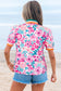 Pink Floral Print Contrast Striped Detail Short Sleeve Blouse