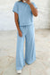 Clearly Aqua Solid Color Loose Tee Drawstring Wide Leg Pants 2pcs Outfit