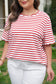 Red Stripe Plus Size Scalloped Trim Round Neck Short Sleeve Top