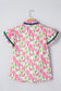 Pink Floral Print Contrast Trim V Neck Double Ruffled Short Sleeve Blouse
