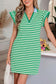 Green Stripe Print Contrast Collar Split Neck Flutter Sleeve Short Dress