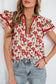 Pink Floral Print Contrast Trim V Neck Double Ruffled Short Sleeve Blouse
