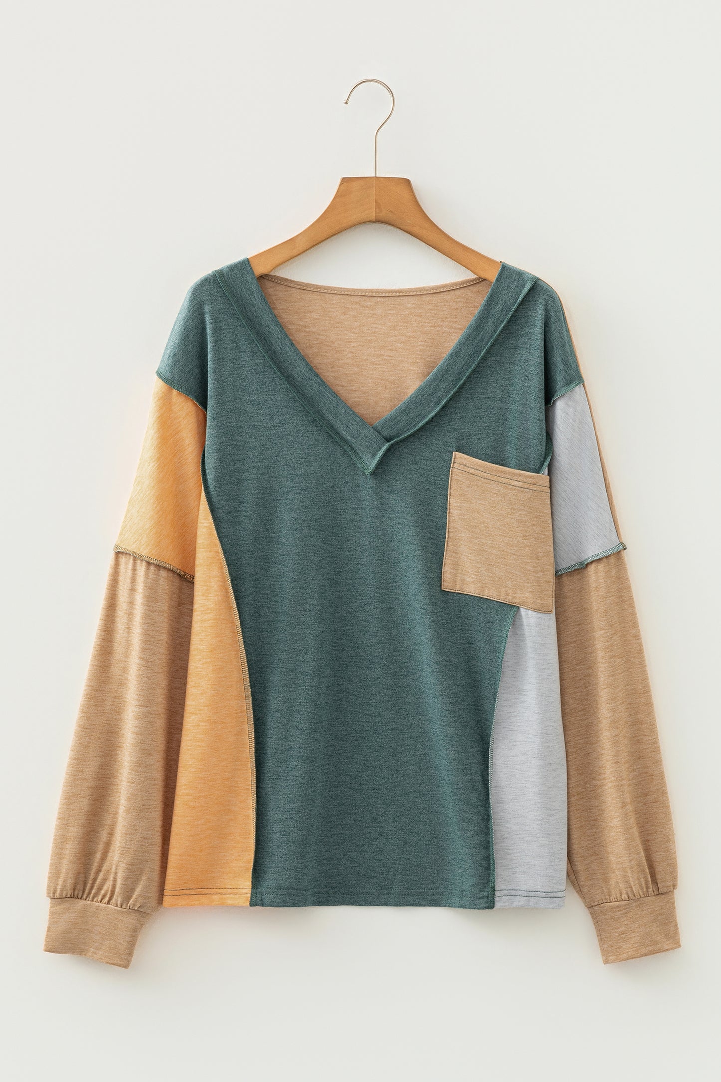 Sail Blue Exposed Stitching Colorblock V Neck Long Sleeve Top
