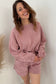 Fushia Solid Color Textured Knit Drop Shoulder Pullover Drawstring Shorts Set