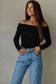 Black Floral Lace Off-shoulder Long Sleeve Slim Top