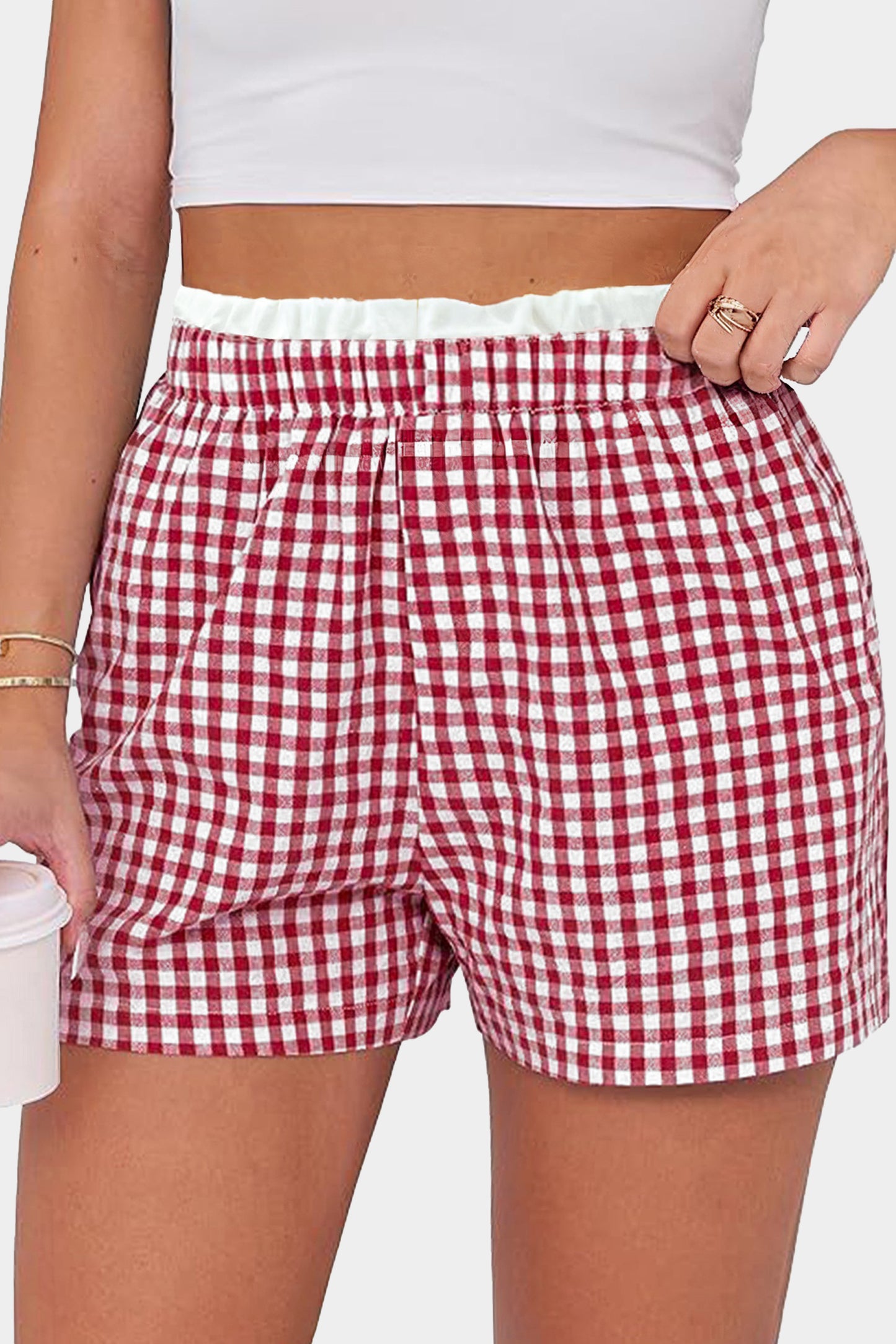Sky Blue Contrast Trim Plaid Print Plus Size Shorts
