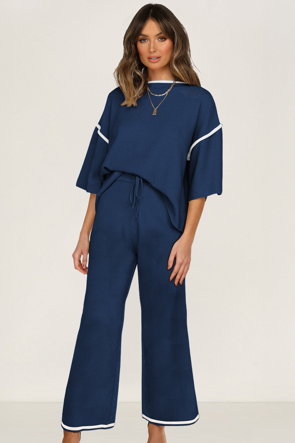 Navy Blue Contrast Trim Half Sleeve Top Drawstring Pants Loose 2pcs Sweater Suit