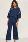 Navy Blue Contrast Trim Half Sleeve Top Drawstring Pants Loose 2pcs Sweater Suit