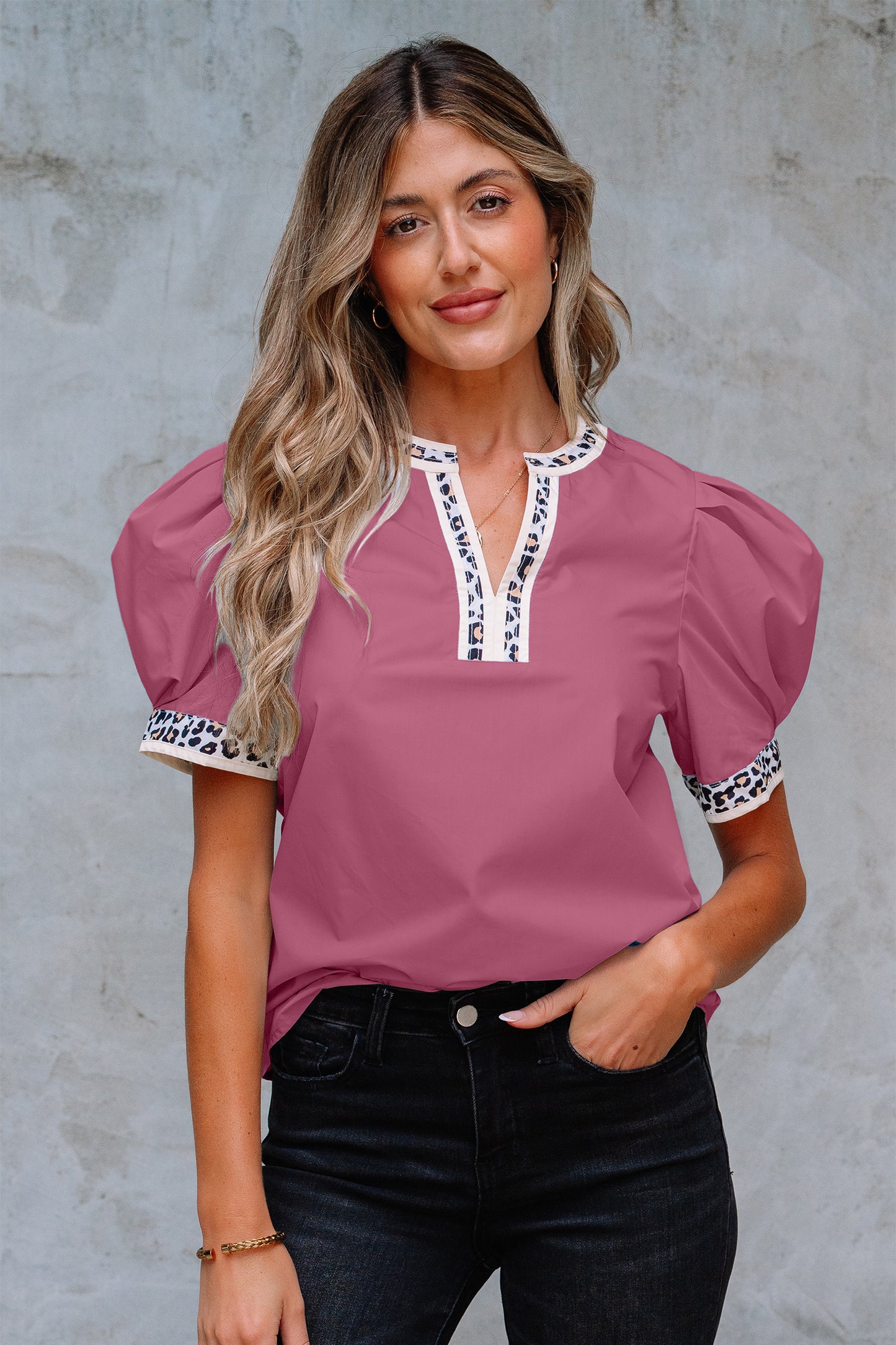 Buckskin Contrast Leopard Trim Split Neck Puff Sleeve Blouse
