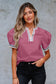 Buckskin Contrast Leopard Trim Split Neck Puff Sleeve Blouse