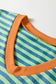 Pink Stripe Colorblock Trim V Neck Tee Drawstring Elastic Waist Short Set