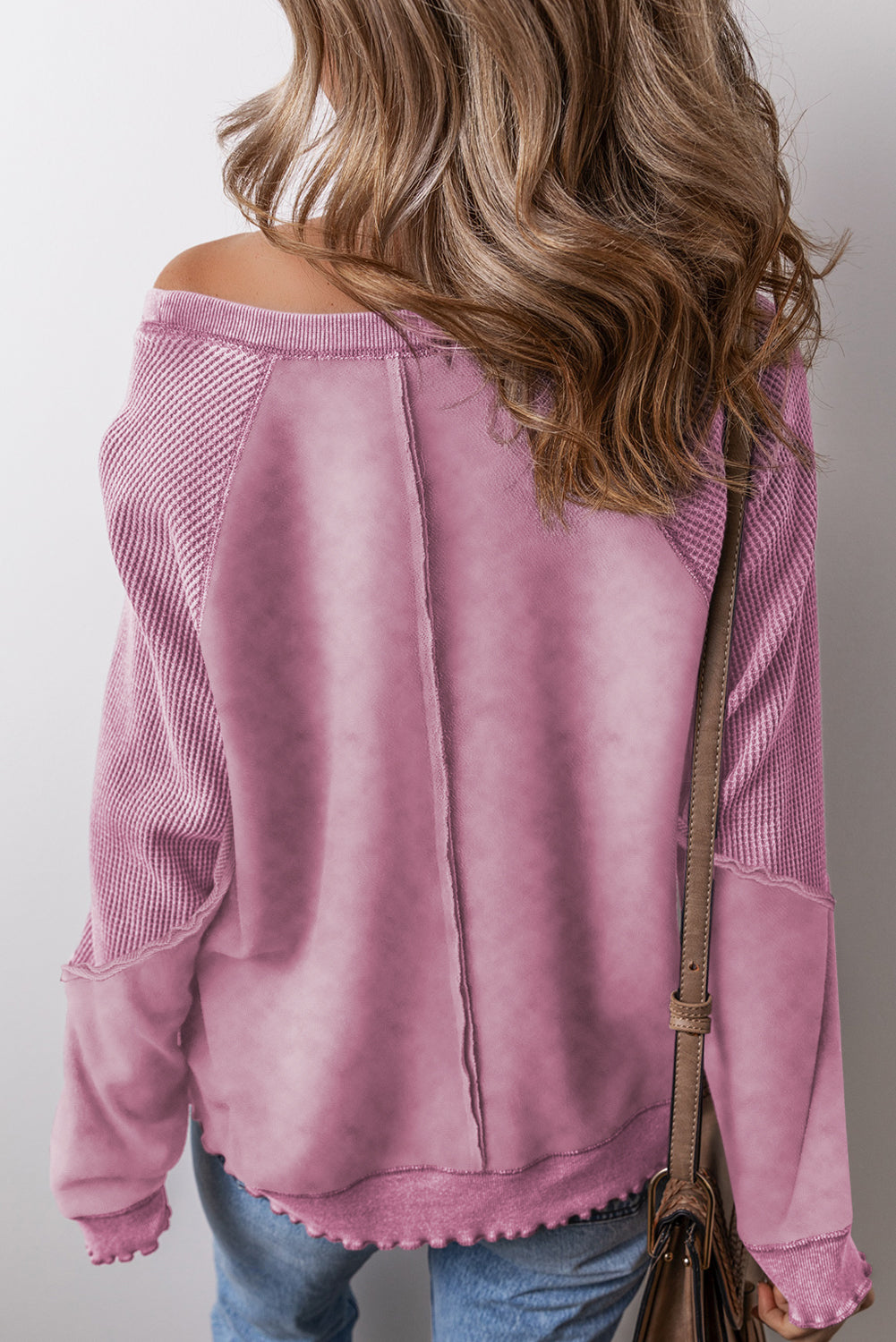Light Grey Solid Waffle Knit Patchwork Raglan Sleeve Sweatshirt