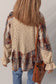 Oatmeal Boho Floral Plaid Patchwork Distressed Detail Ruffled Sleeve Waffle Knit Shacket