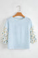 Sky Blue Stripe 3/4 Floral Puff Sleeve Patchwork Drop Shoulder Top