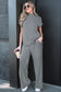 Dark Grey Twisted Ribbed High Neck Loose Tee Elastic High Waist Loose Pant Set