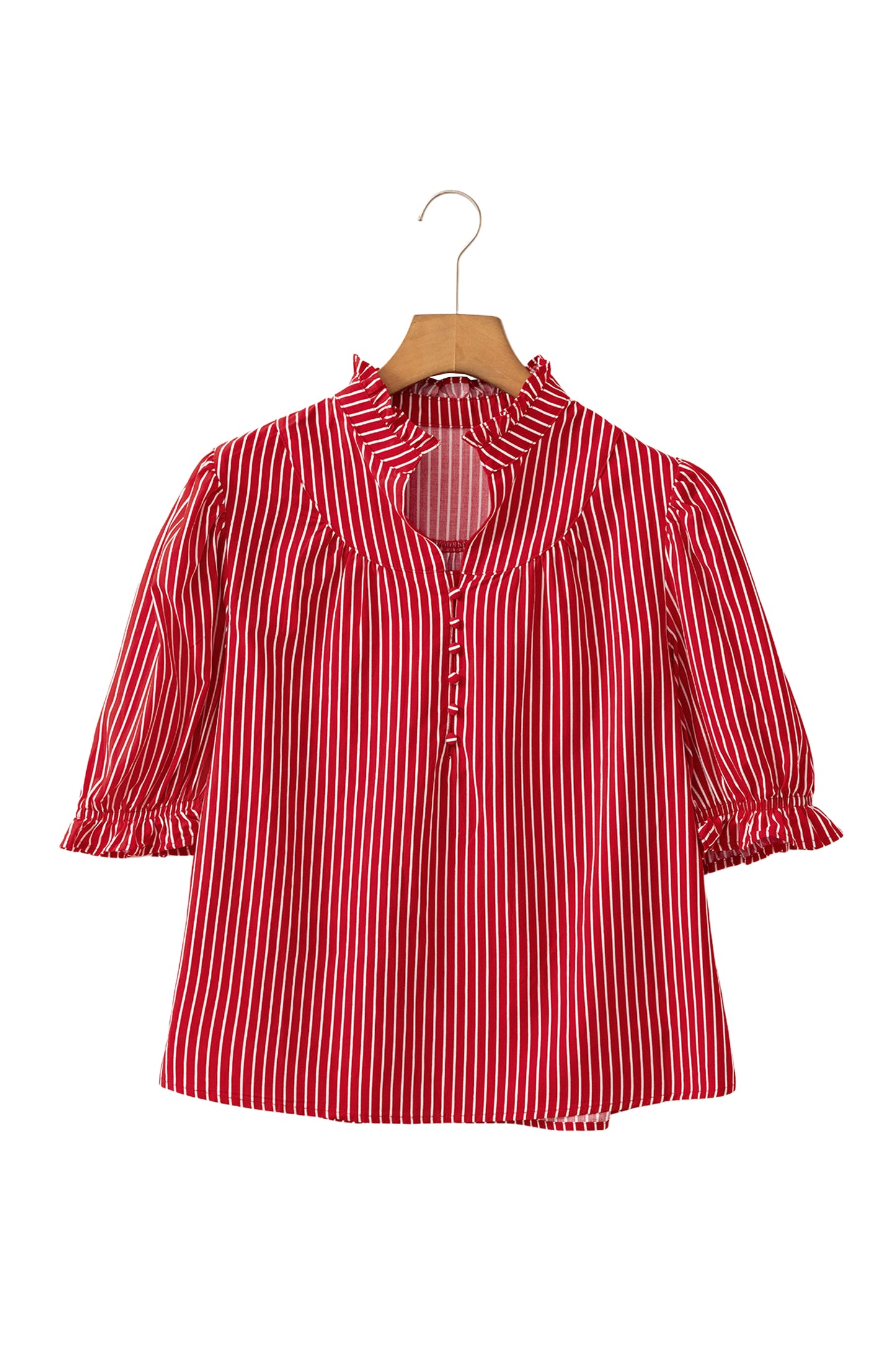 Red Stripe Ruffled Short Puff Sleeve Button Front Blouse