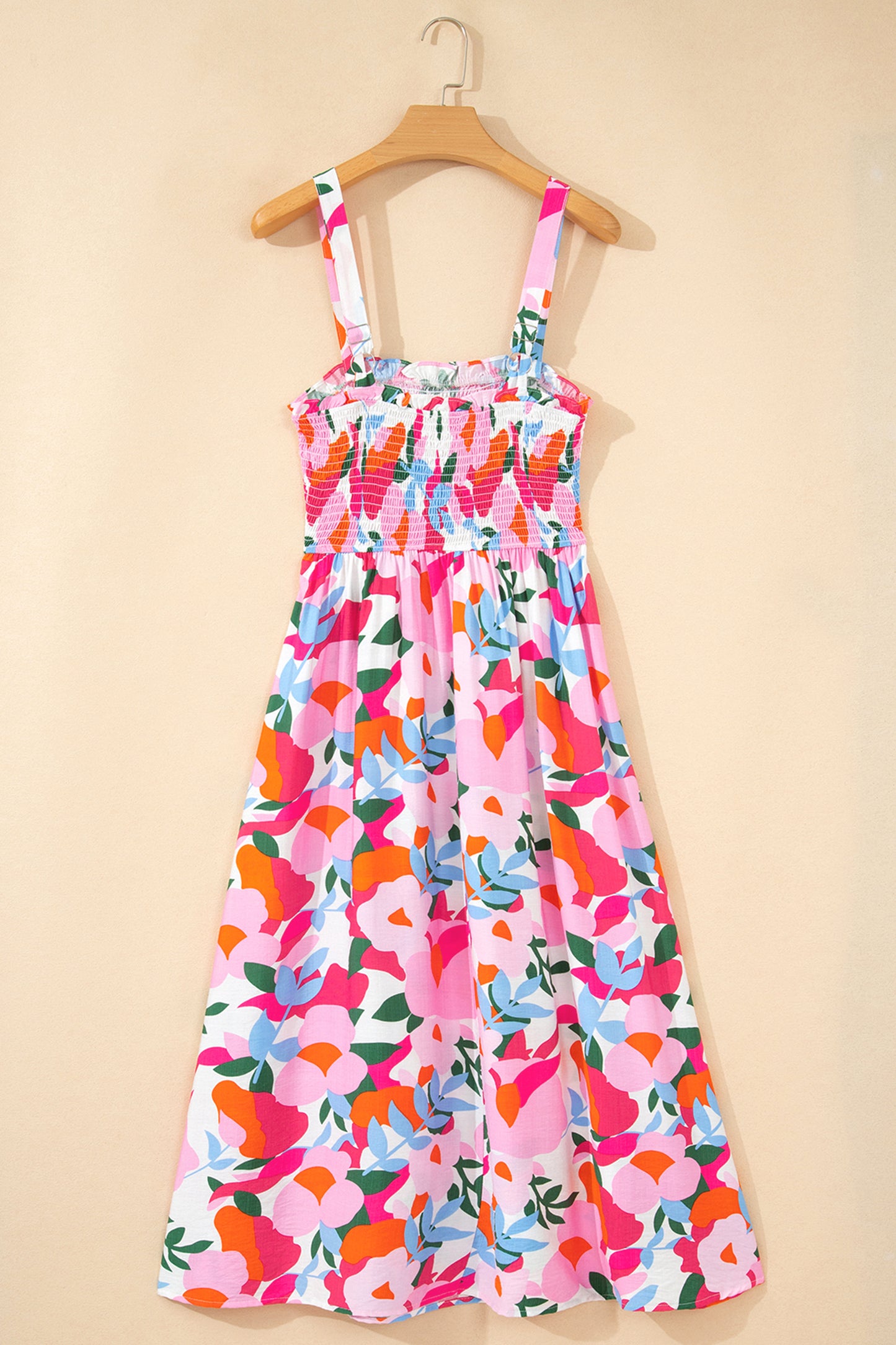 Pink Floral Print Adjustable Straps Smocked High Waist Sundress