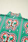Sea Green Boho Abstract Print Contrast Striped Collared V Neck Blouse