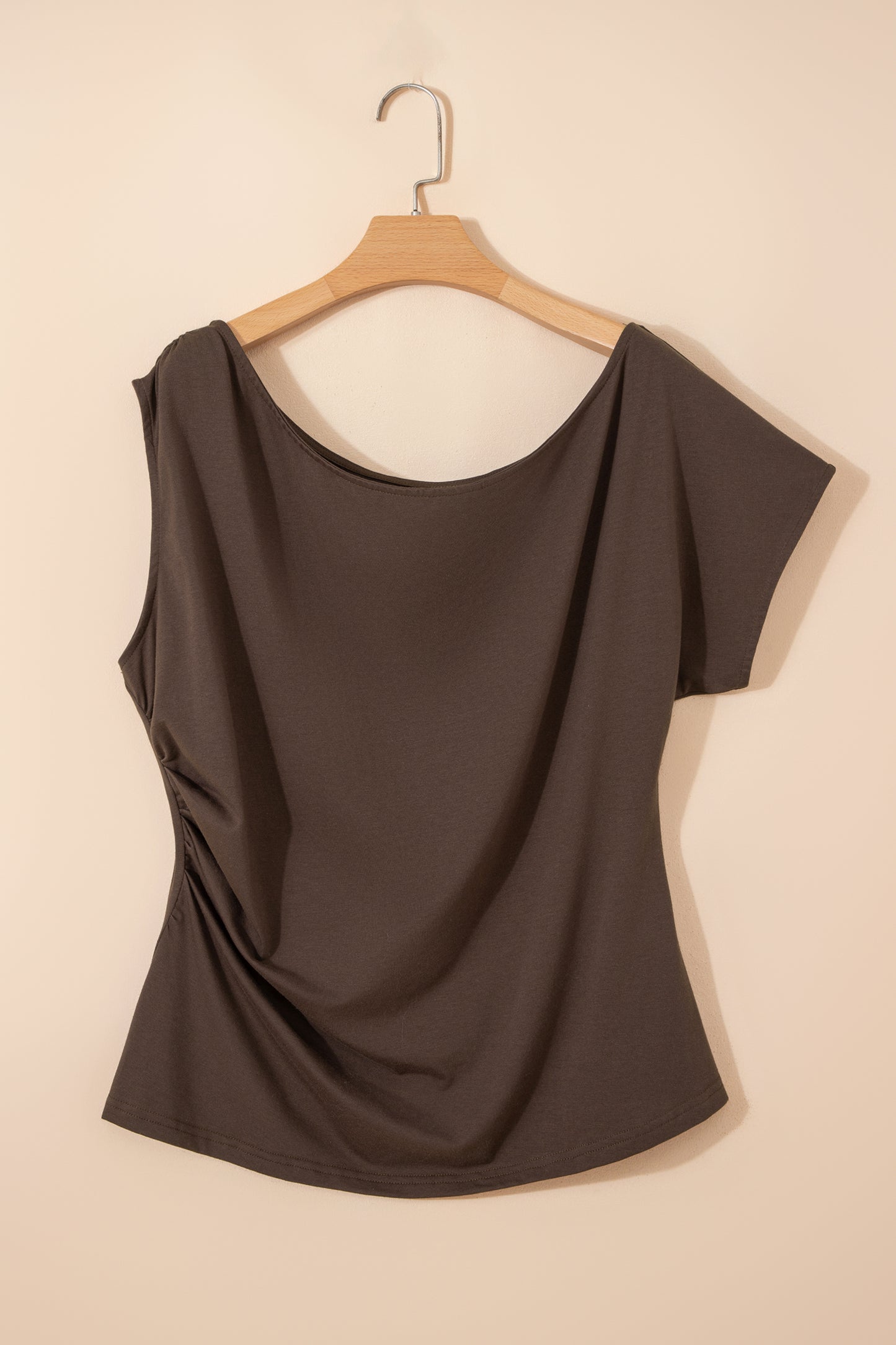 Black Plus Size Solid Color Asymmetric Neck Short Sleeve Blouse