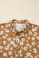 Khaki Plus Size Daisy Floral Print Button Split Neck Puff Sleeve Dress