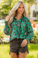 Green Leaves Print Contrast Trim V Neck Shirred Puff Sleeve Blouse
