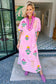 Pink Floral Print Short Sleeve Colorblcok Trim V Neck Midi Dress
