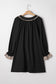 Black Plus Size Notched Neck Leopard Trim Flounce Long Sleeve Shift Dress