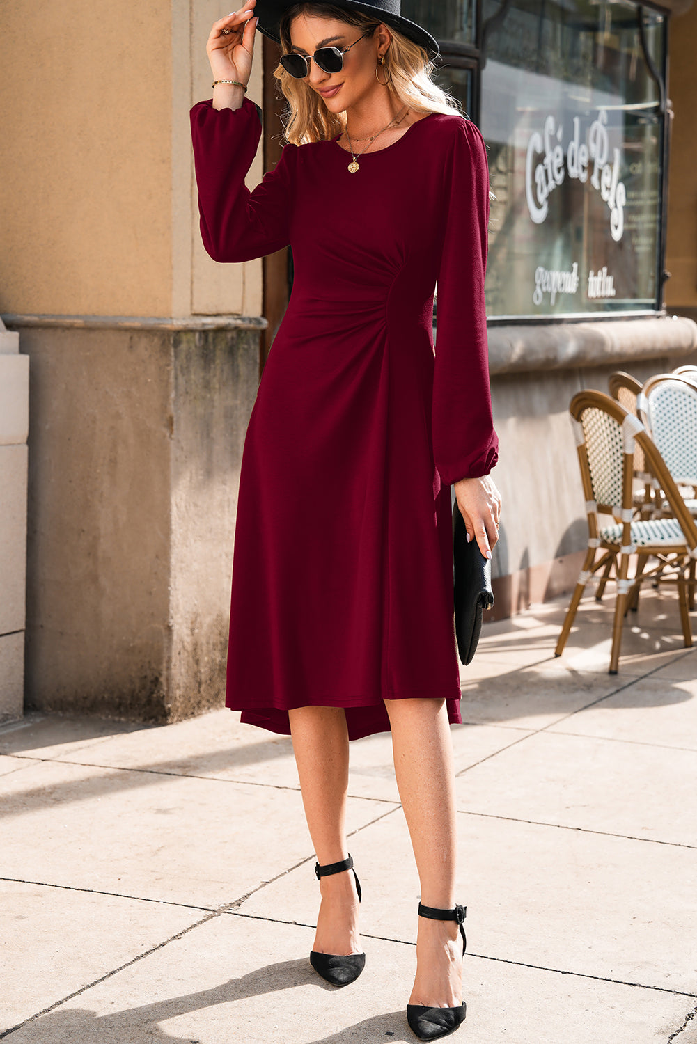 Blackish Green Solid Color Ruched Detail Long Sleeve Midi Dress
