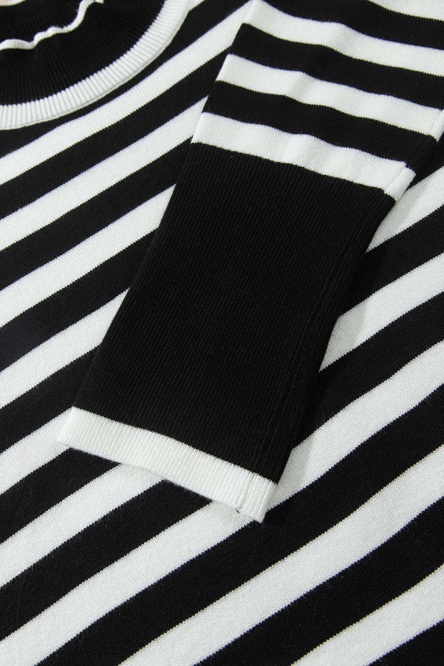 Black Striped High Neck Contrast Ruffle Detail Casual Sweater