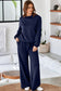 Dusk Blue Solid Color Cowl Neck Drawstring Pullover Wide Leg Athleisure Pants Set