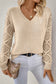Black Solid V Neck Pointelle Knit Sleeve Patchwork Sweater