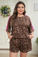 Brown Retro Leopard Print Contrast Varsity Stripe Trim Plus Size 2pcs Short Set