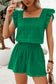Fiery Red Textured Square Neck Top and Shirred High Waist Shorts Set