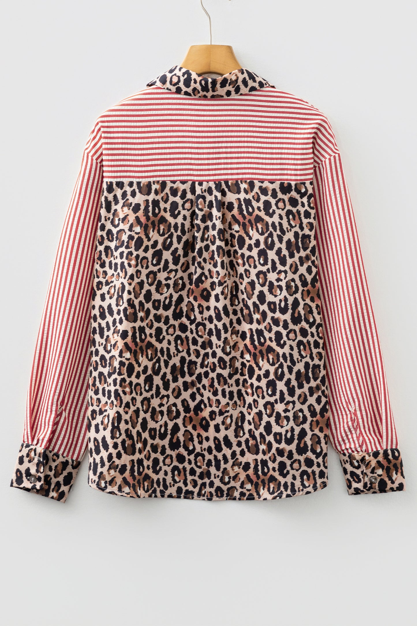 Sky Blue Striped Leopard Print Patchwork Button Up Womens Shirt