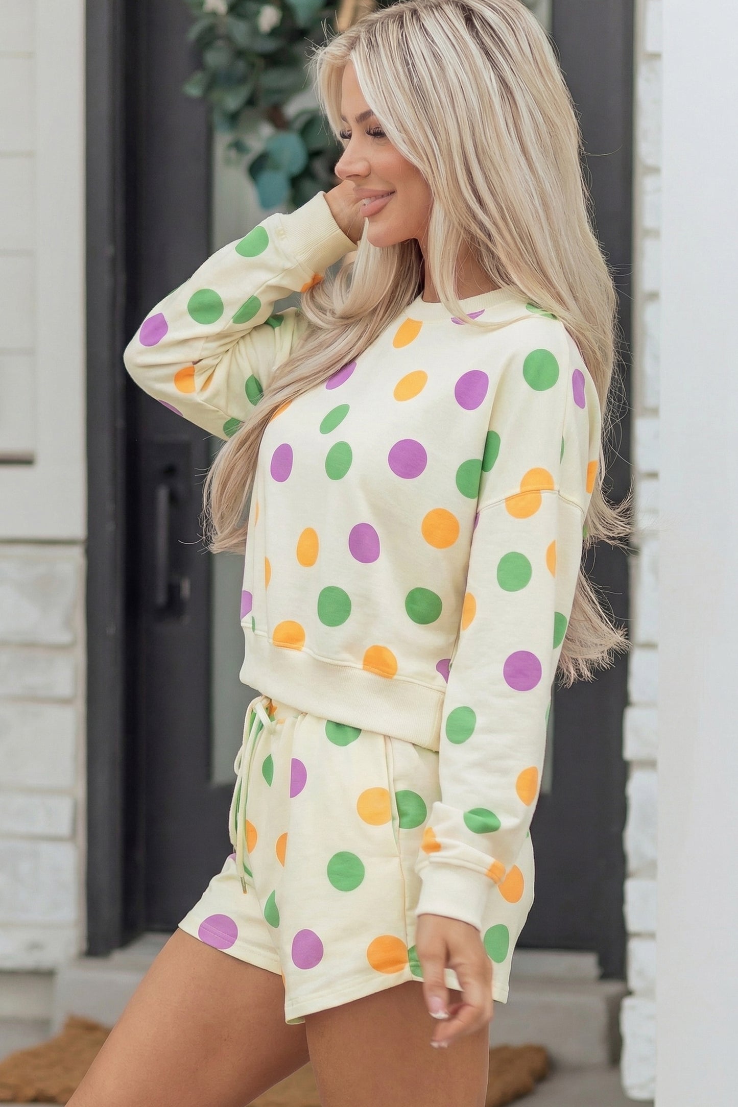 Sky Blue Polka Dot Print Drop Shoulder Pullover Drawstring Shorts Set