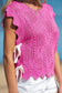 Beau Blue Pointelle Knit Patterned Scalloped Trim Short Sleeve Sweater