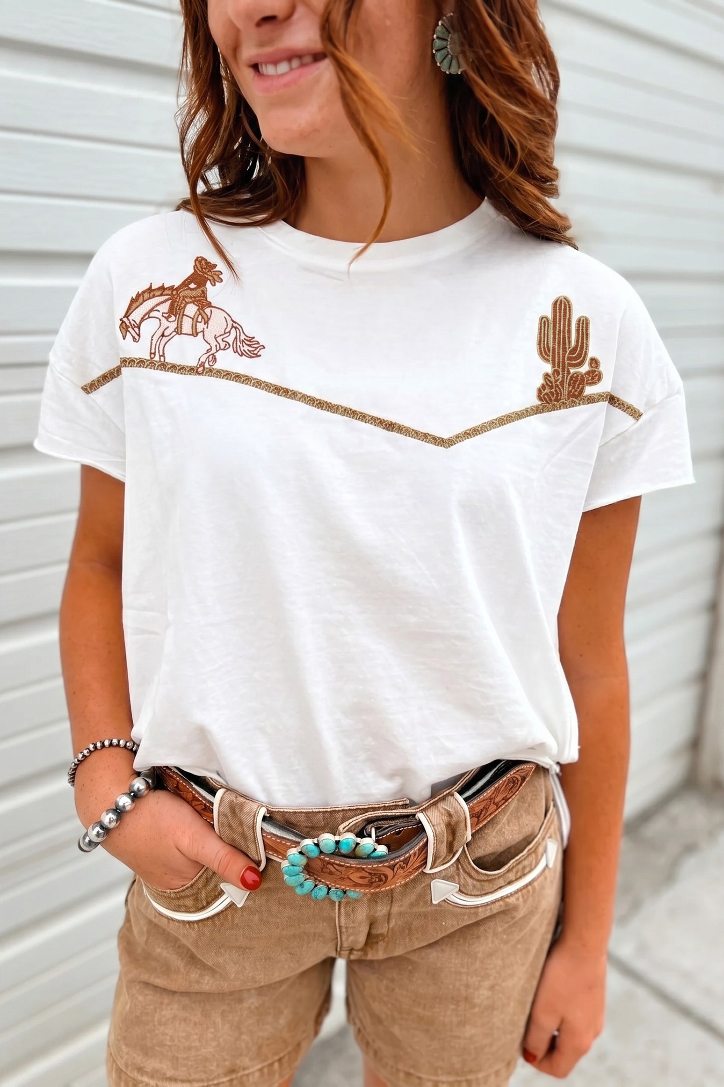 White Western Fashion Embroidered Casual Tee