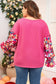 Bright Pink Floral Patchwork Flounce Sleeve Rib Knit Plus Top