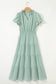 Clearly Aqua Solid Color V Neck Short Puff Sleeve High Waist Tiered Maxi Dress