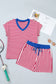 Pink Stripe Colorblock Trim V Neck Tee Drawstring Elastic Waist Short Set