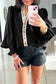Evergreen Puffy Flounce Sleeve Leopard Trim V Neck Blouse
