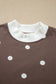 Brown Polka Dot Ribbed Trim Long Sleeve Top Casual Short Set