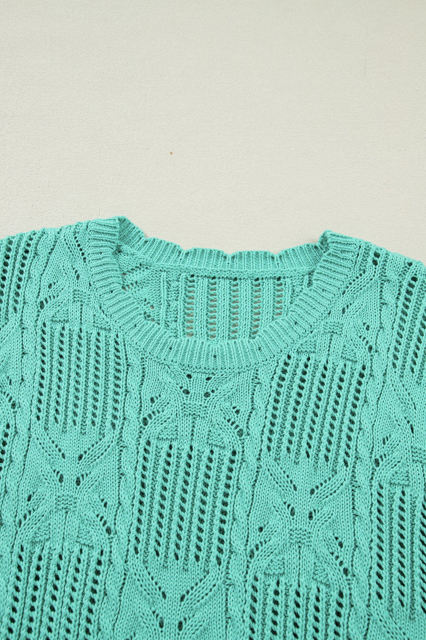 Beau Blue Pointelle Knit Patterned Scalloped Trim Short Sleeve Sweater