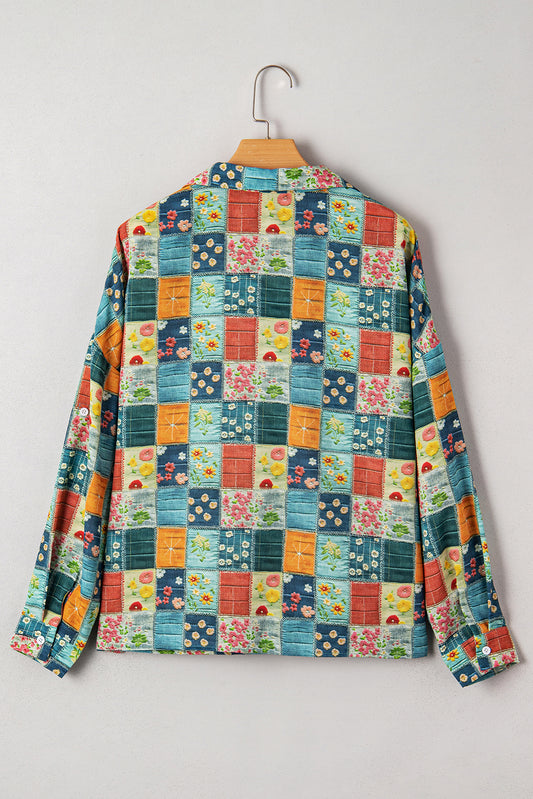 Sky Blue Floral Collared V Neck Roll up Sleeve Shift Blouse