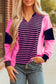 Pink Stripe Color Block V Neck Loose Fit Long Sleeve Top