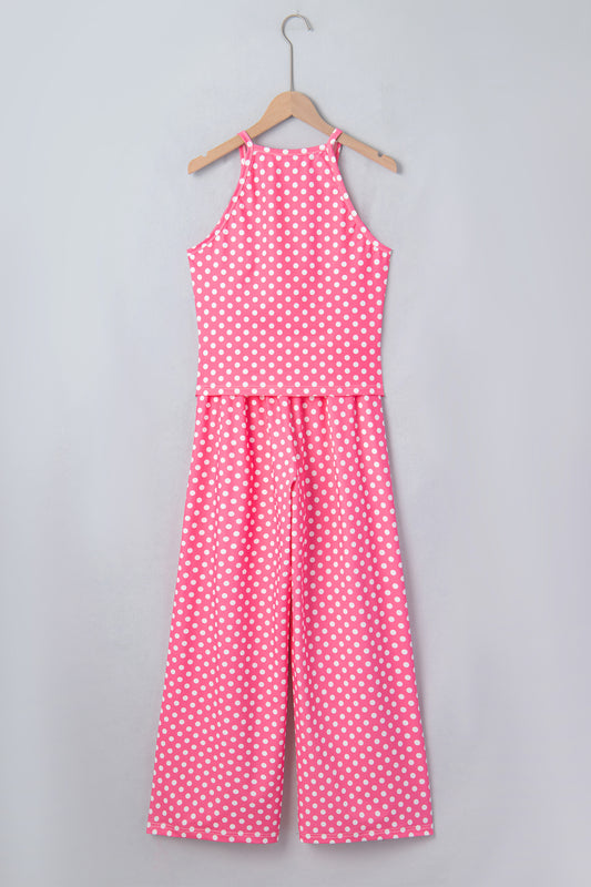 Pink Polka Dot Print Slim Tank Loose Pants 2pcs Outfit