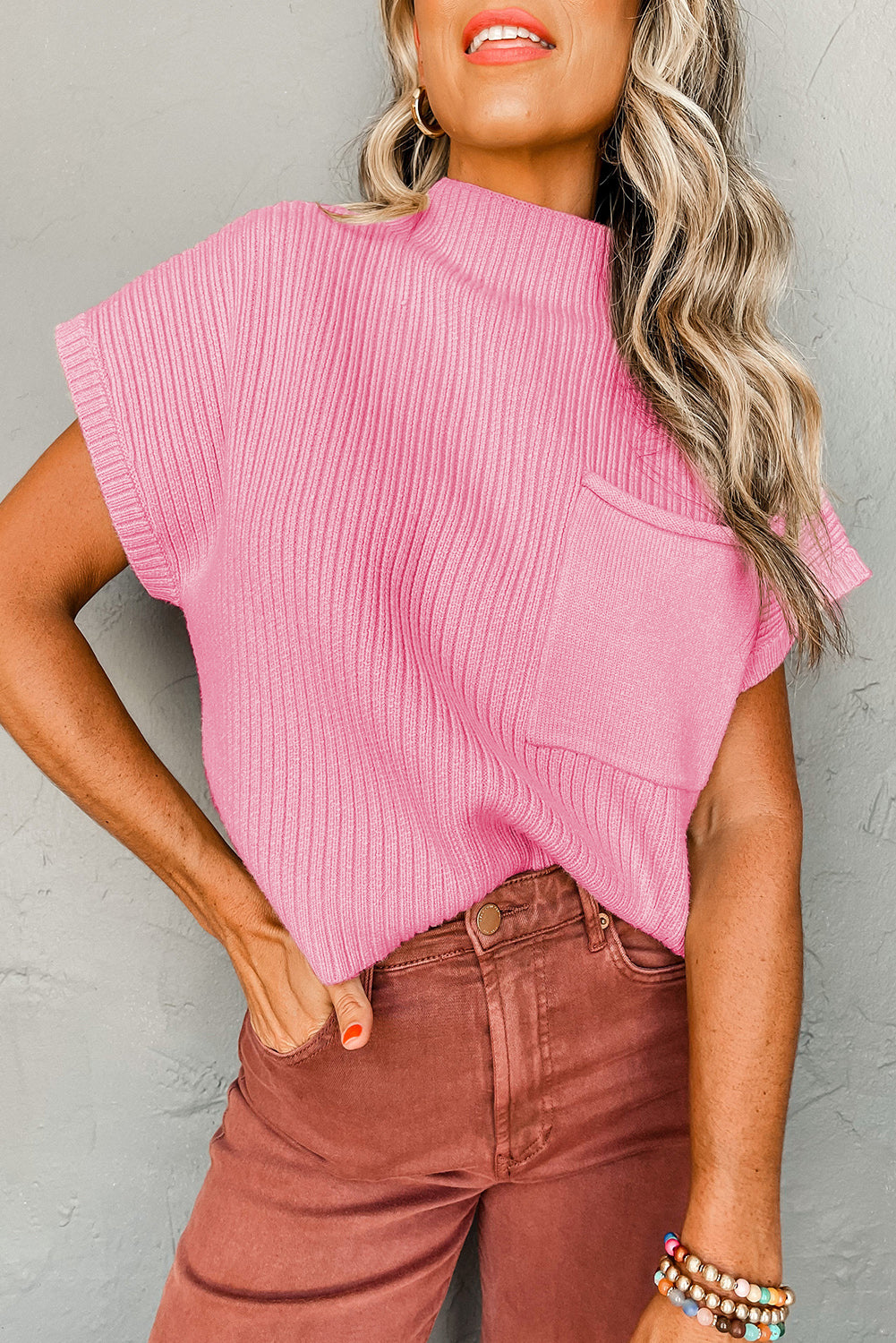 Dark Blue Patch Pocket Ribbed Knit Short Sleeve Sweater