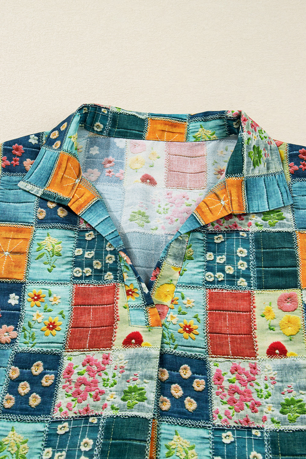 Sky Blue Floral Collared V Neck Roll up Sleeve Shift Blouse