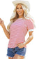 Red Stripe Contrast Trim Round Neck Short Puff Sleeve T Shirt