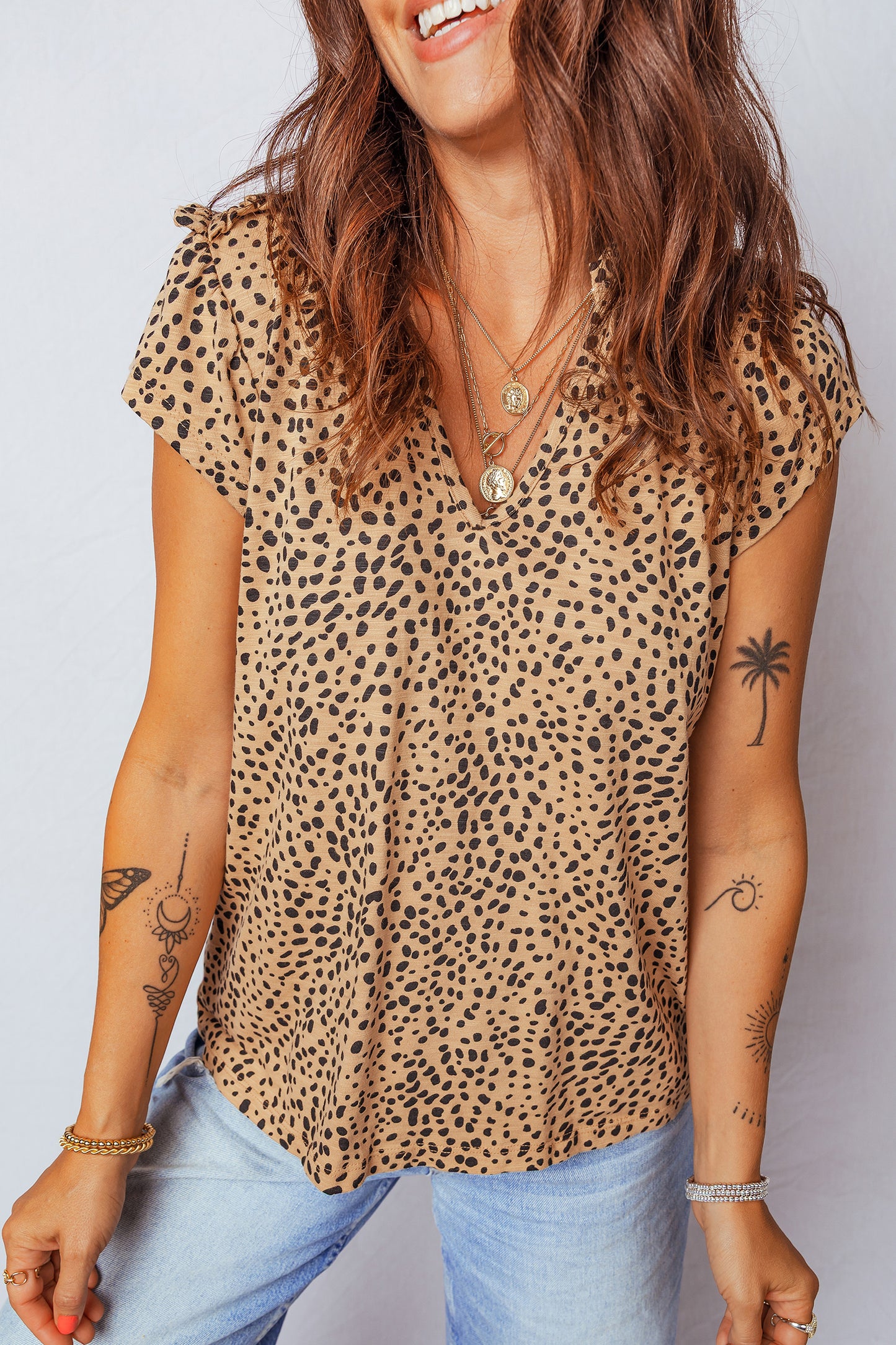 Apricot Cheeath Print Frilled V Neck Shirred Detail Short Sleeve Blouse
